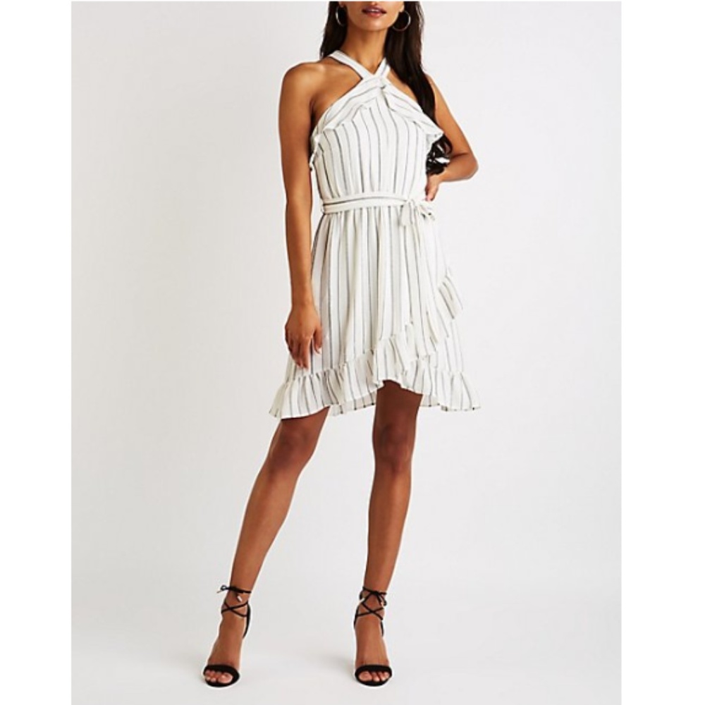 Striped Ruffle Trim Bib Neck Dress